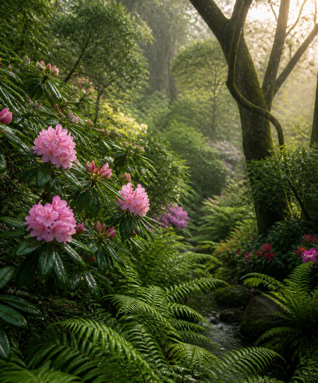 Ferns and rhododendrons in a misty Southeast Alaska garden after morning rain