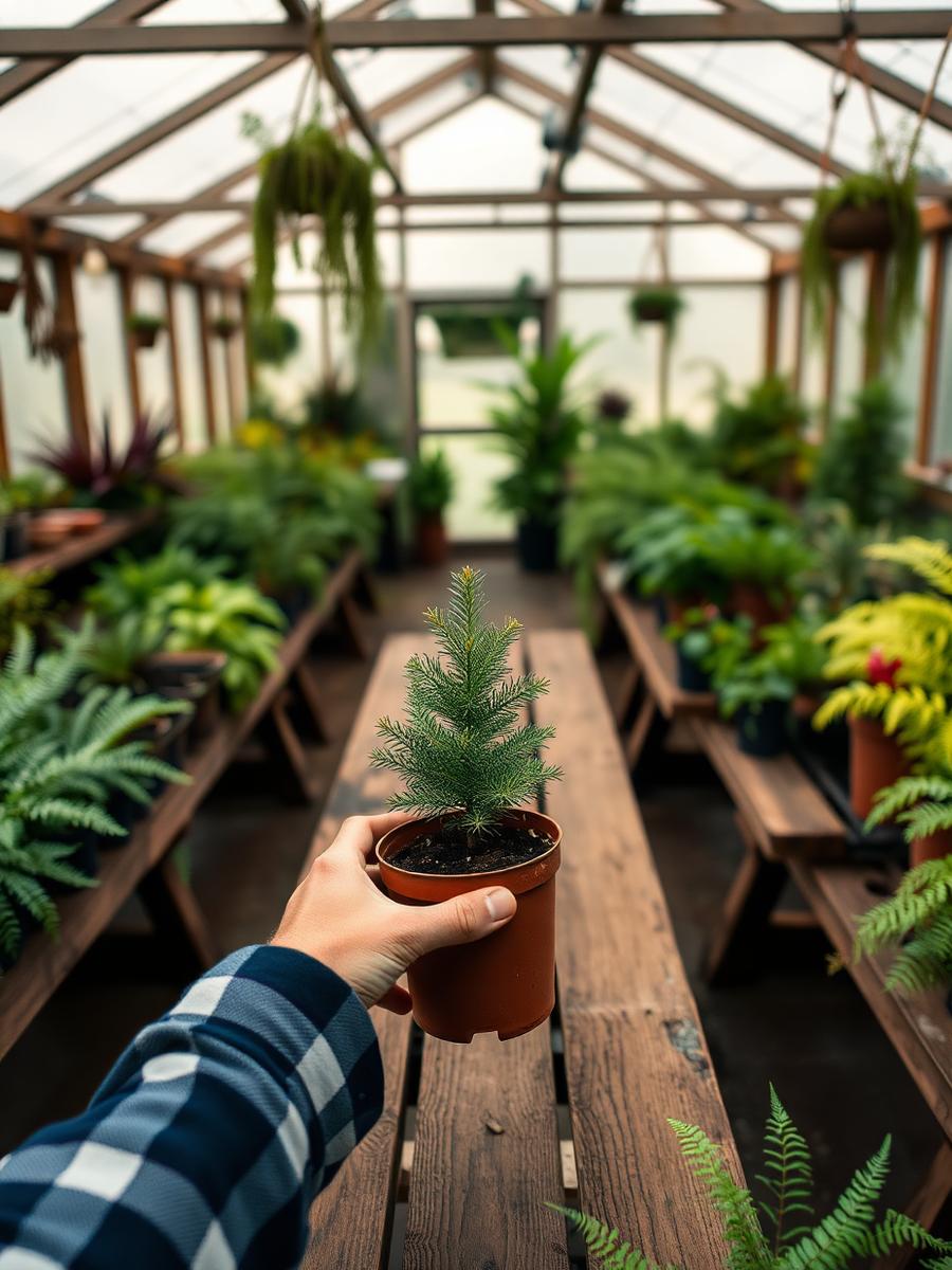 Hands potting an evergreen seedling on a wooden bench inside the Landscape Alaska nursery greenhouse